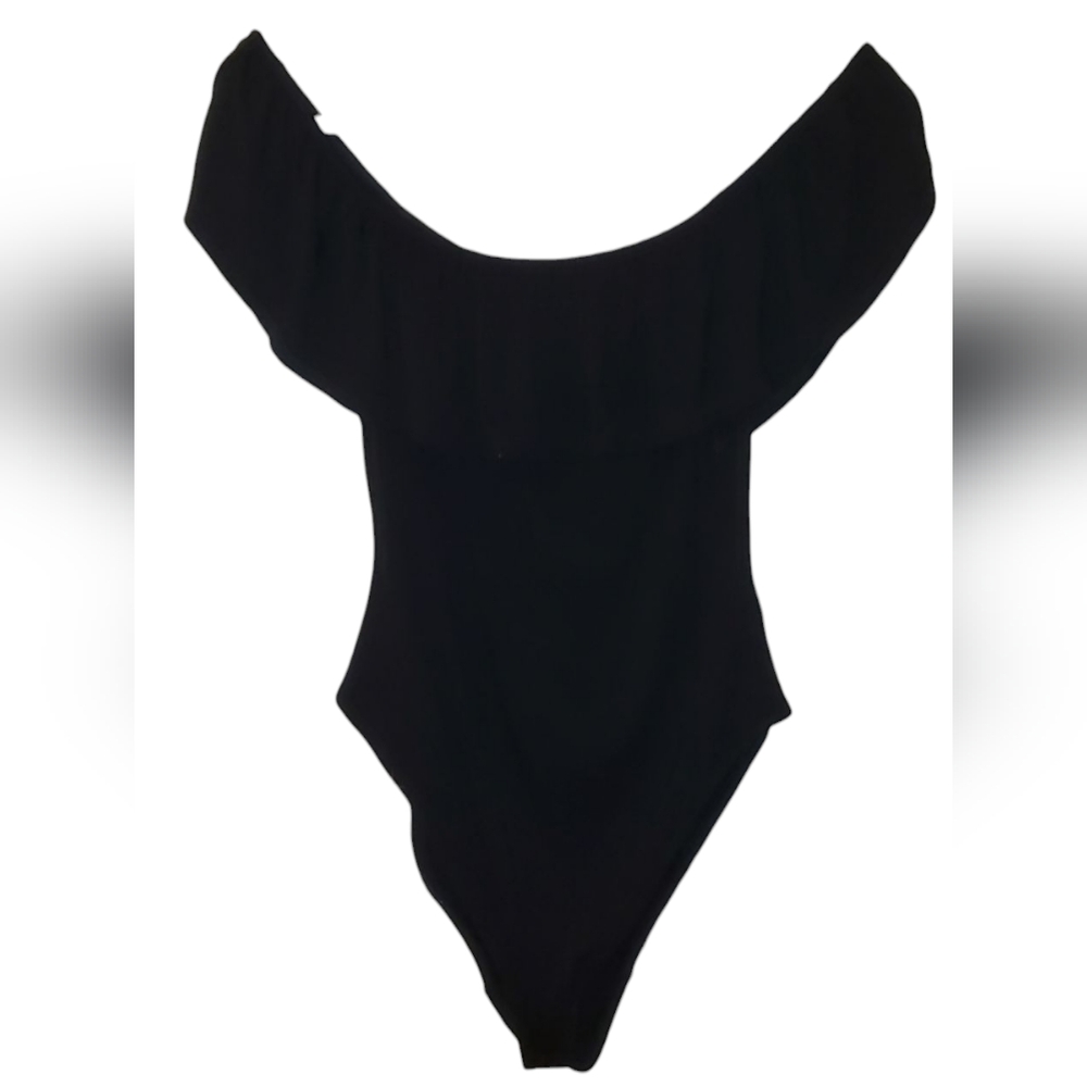 Black Women's Cold Shoulder Off Shoulder Ruffle Bodysuit